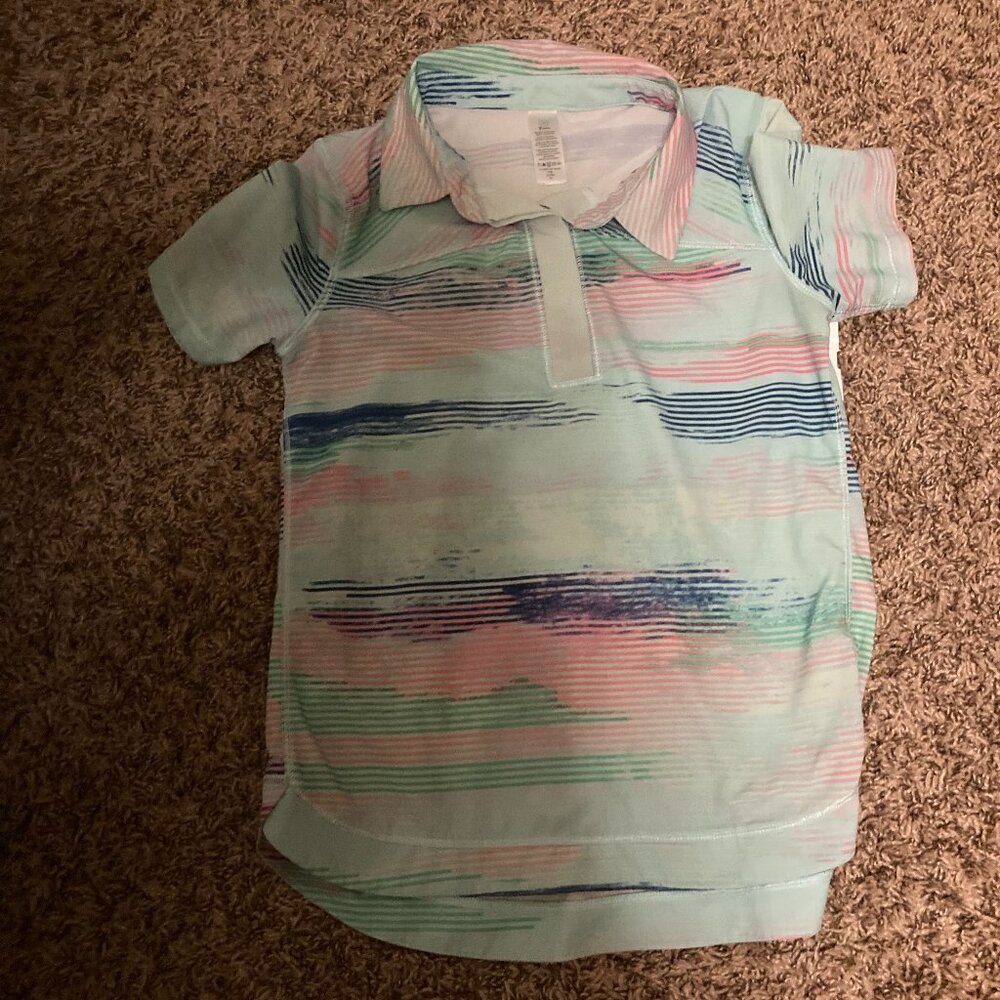 Ivivva by LuLuLemon Polo Shirt 10 Short Sleeve Collared Light Blue Stripe Button